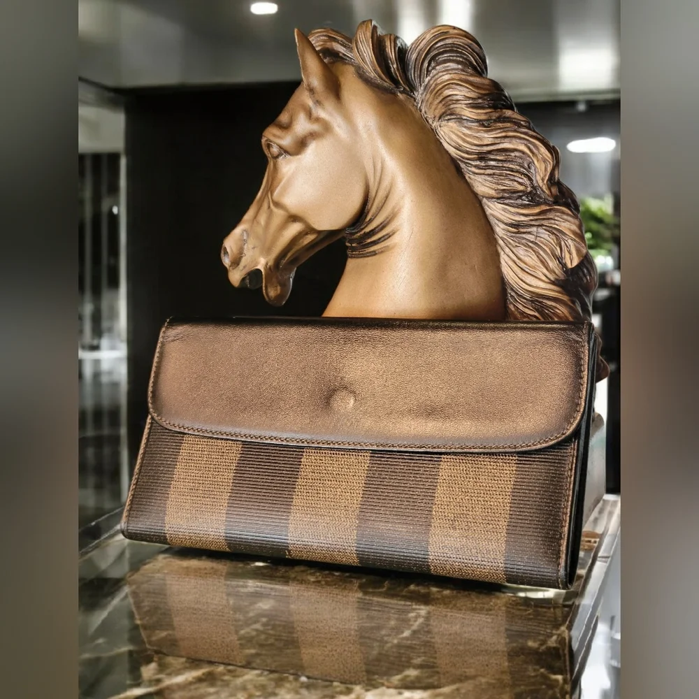 FENDI Pequin Long Wallet  Pattern Stripped Leather Vintage PRISTINE - Picture 2 of 15